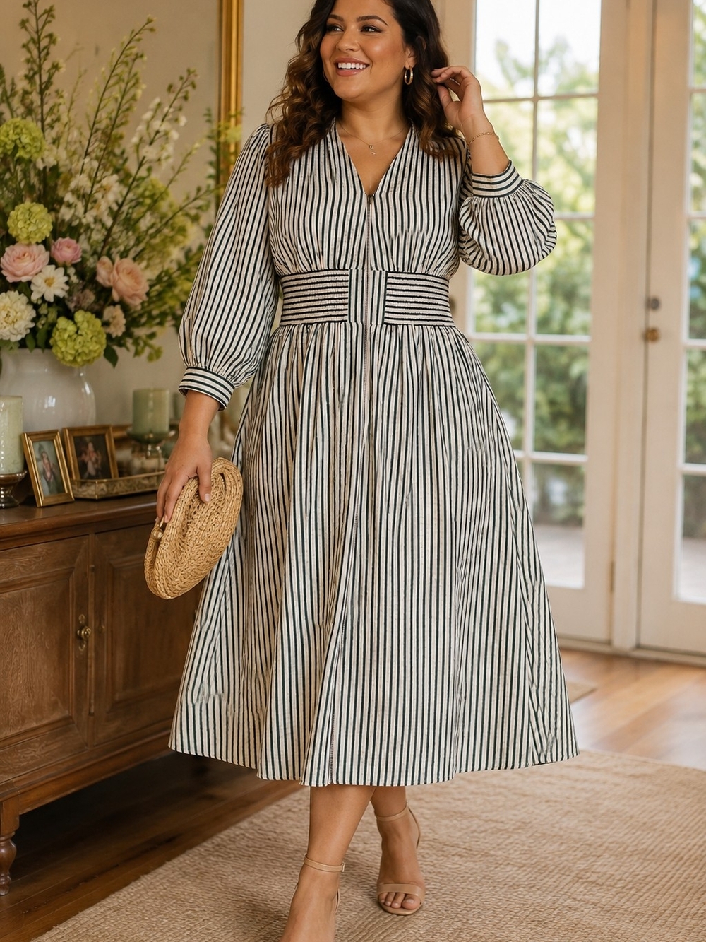 entro Black & White Striped Maxi Dress with Cinched Waist